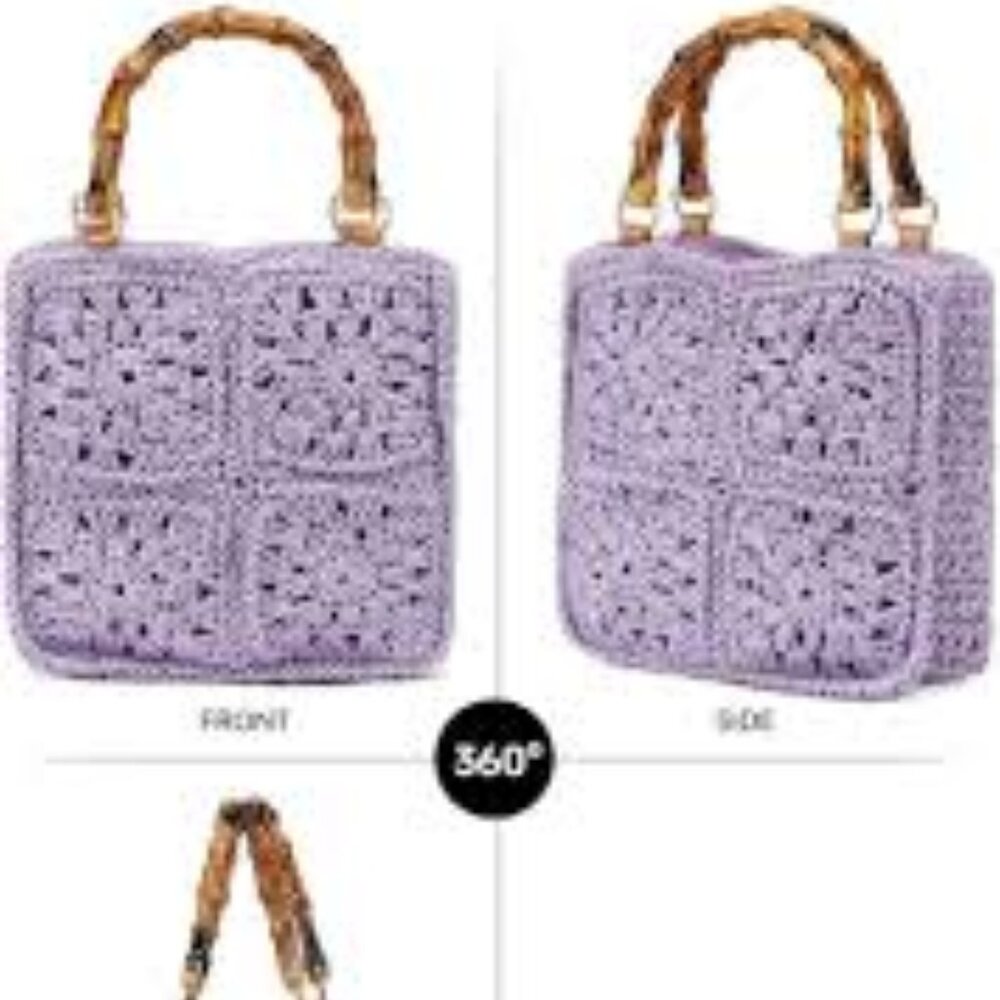 Lilac Crochet Handbag with Bamboo Handles – Boho Summer Shoulder Purse - Picture 4 of 4